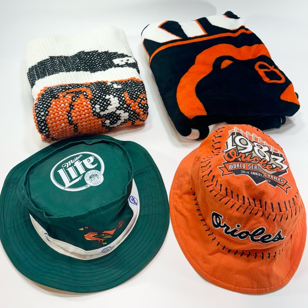 BALTIMORE ORIOLES Bundle 58”x44” Plush Throw ,Crochet Throw, Bucket/Miller Hat